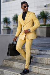 Glamorous Yellow Double-Breasted Business Suit with Peaked Lapel for Men