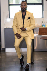Glamorous Yellow Double-Breasted Groom Suit with Peaked Lapel