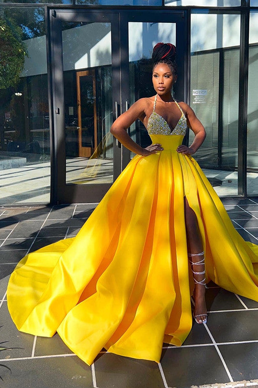 Glamorous Halter High Waist Long Split Prom Dress with Beading
