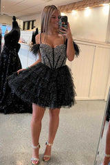 Glitter Cold Shoulder Black Beaded Ruffle Short Homecoming Dress