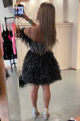Glitter Cold Shoulder Black Beaded Ruffle Short Homecoming Dress