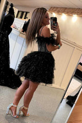 Glitter Cold Shoulder Black Beaded Ruffle Short Homecoming Dress