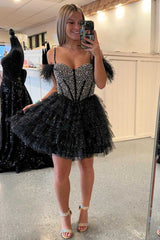 Glitter Cold Shoulder Black Beaded Ruffle Short Homecoming Dress