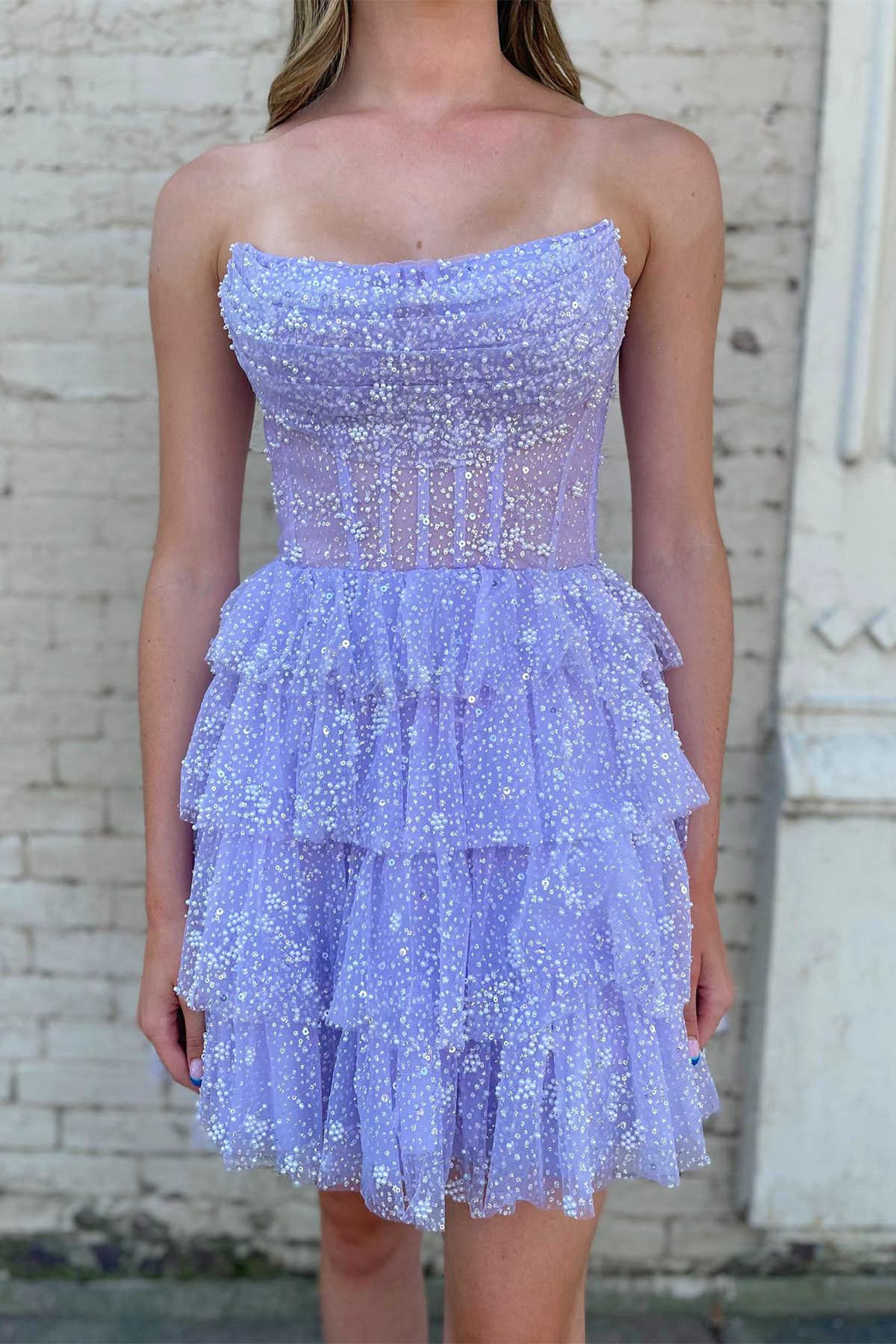 Glitter Lavender Strapless Short Homecoming Dress with Beads