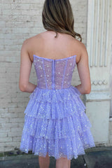Glitter Lavender Strapless Short Homecoming Dress with Beads