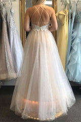 Glitter V-Neck Lace Top Prom Dress with Criss Back