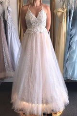 Glitter V-Neck Lace Top Prom Dress with Criss Back