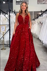 Glitter V-Neck White A-Line Prom Dress with Pockets