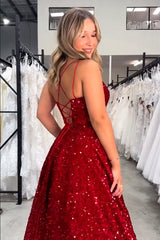 Glitter V-Neck White A-Line Prom Dress with Pockets