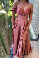 Glorious Dusty Pink Off-The-Shoulder Evening Front Split Prom Dress with Sweetheart Neckline