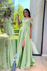 Glorious Dusty Pink Off-The-Shoulder Evening Front Split Prom Dress with Sweetheart Neckline