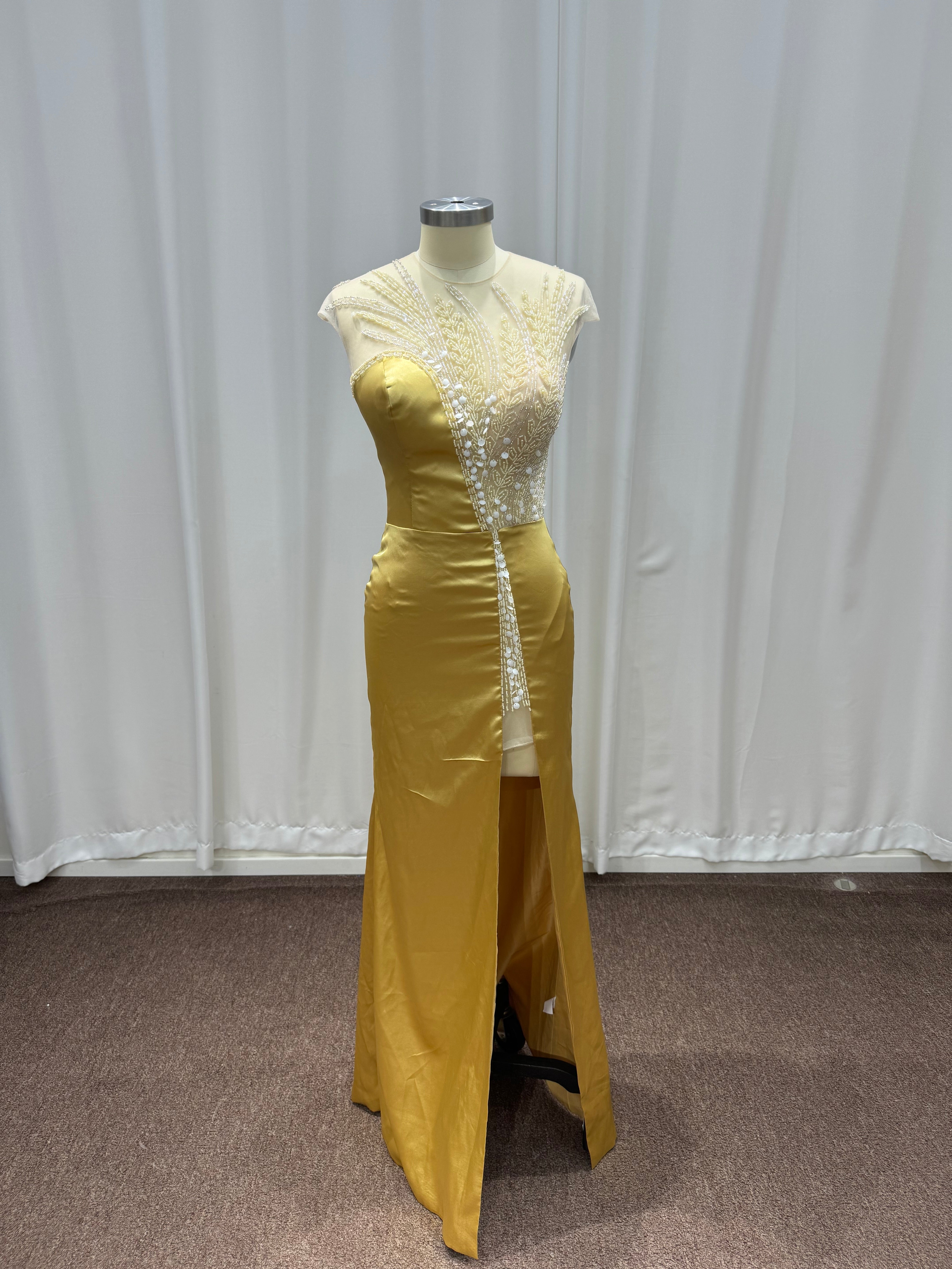 Gold Long Mermaid Sleeveless Satin Evening Dresses with Beaded