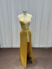 Gold Long Mermaid Sleeveless Satin Evening Dresses with Beaded
