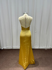 Gold Long Mermaid Sleeveless Satin Evening Dresses with Beaded