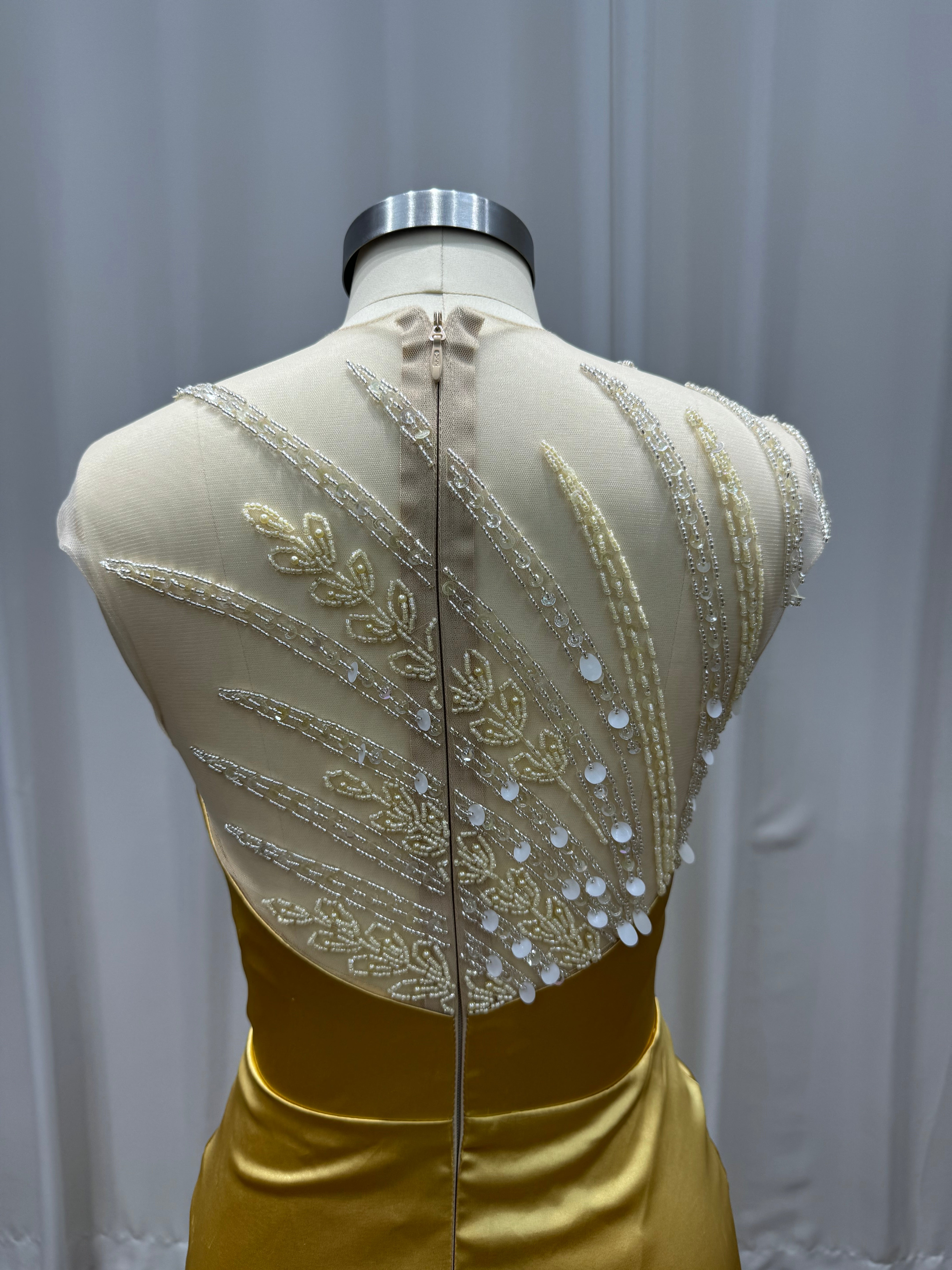 Gold Long Mermaid Sleeveless Satin Evening Dresses with Beaded