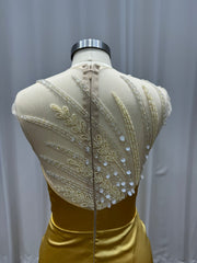 Gold Long Mermaid Sleeveless Satin Evening Dresses with Beaded