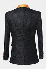 Gold Three Piece Shawl Lapel Black Jacquard Suit for Men's Wedding