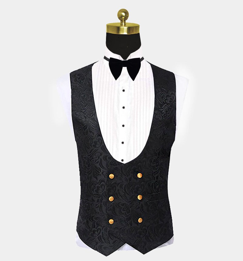 Gold Three Piece Shawl Lapel Black Jacquard Suit for Men's Wedding