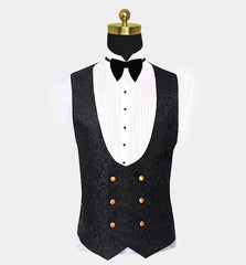 Gold Three Piece Shawl Lapel Black Jacquard Suit for Men's Wedding