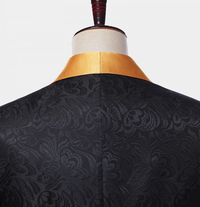 Gold Three Piece Shawl Lapel Black Jacquard Suit for Men's Wedding