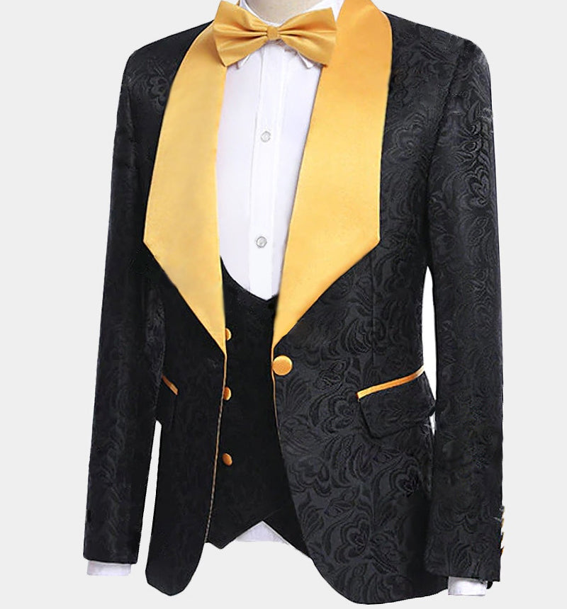 Gold Three Piece Shawl Lapel Black Jacquard Suit for Men's Wedding