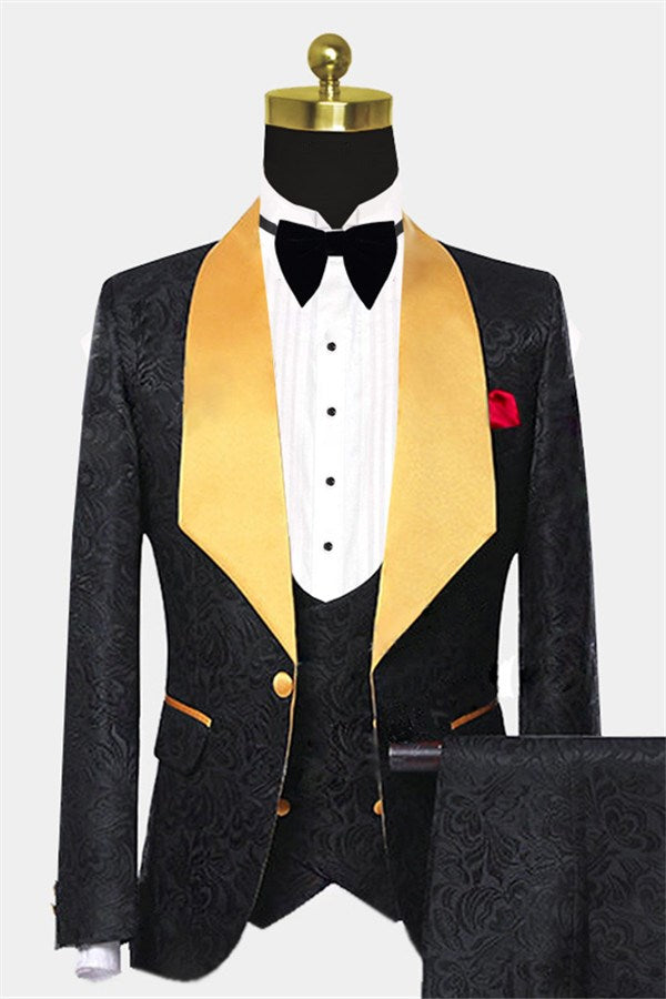 Gold Three Piece Shawl Lapel Black Jacquard Suit for Men's Wedding