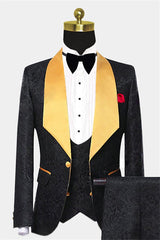 Gold Three Piece Shawl Lapel Black Jacquard Suit for Men's Wedding