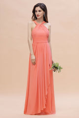 Gorgeous A-Line Sleeveless Coral Chiffon Bridesmaid Dress with Ruffles On Sale-Babyonlines