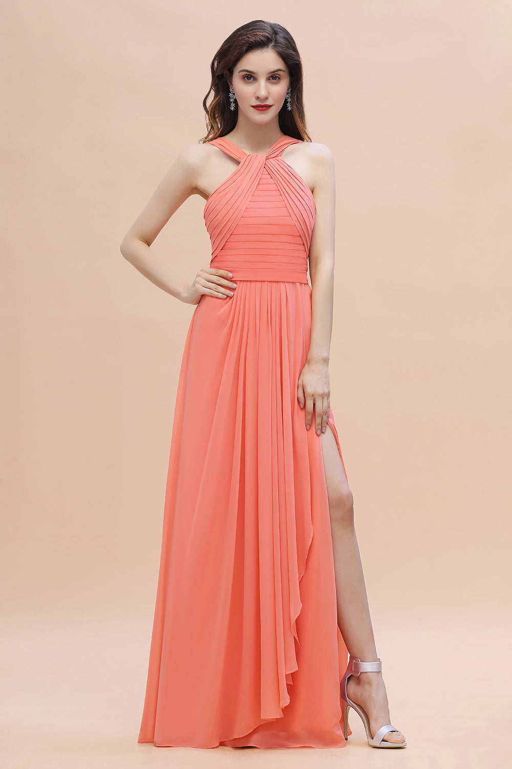 Gorgeous A-Line Sleeveless Coral Chiffon Bridesmaid Dress with Ruffles On Sale-Babyonlines