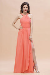 Gorgeous A-Line Sleeveless Coral Chiffon Bridesmaid Dress with Ruffles On Sale-Babyonlines