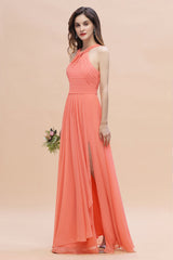 Gorgeous A-Line Sleeveless Coral Chiffon Bridesmaid Dress with Ruffles On Sale-Babyonlines