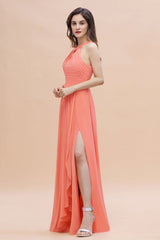 Gorgeous A-Line Sleeveless Coral Chiffon Bridesmaid Dress with Ruffles On Sale-Babyonlines