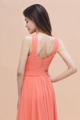 Gorgeous A-Line Sleeveless Coral Chiffon Bridesmaid Dress with Ruffles On Sale-Babyonlines