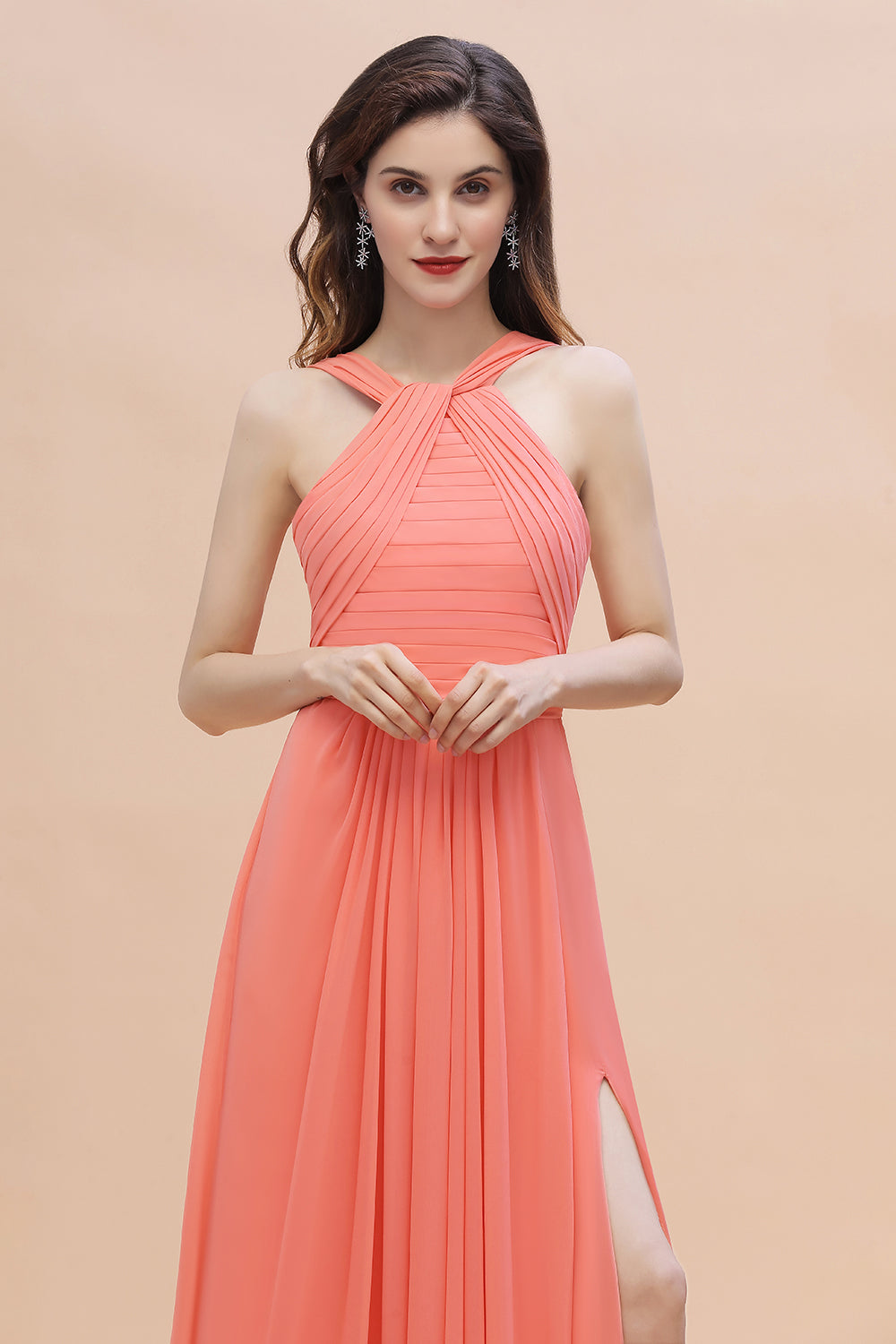 Gorgeous A-Line Sleeveless Coral Chiffon Bridesmaid Dress with Ruffles On Sale-Babyonlines