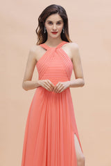 Gorgeous A-Line Sleeveless Coral Chiffon Bridesmaid Dress with Ruffles On Sale-Babyonlines