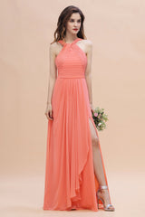 Gorgeous A-Line Sleeveless Coral Chiffon Bridesmaid Dress with Ruffles On Sale-Babyonlines