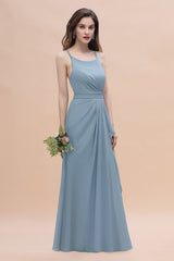 Gorgeous A-Line Straps Dusty Blue Chiffon Bridesmaid Dress with Ruffles On Sale-Babyonlines