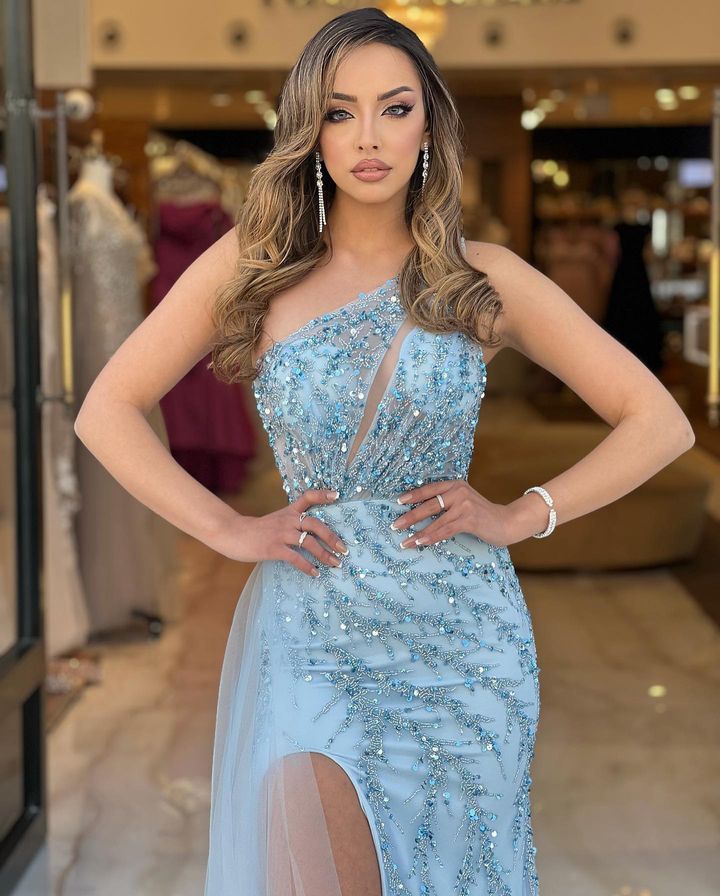 Baby Blue One Shoulder Mermaid Long Prom Dress with Beading Split