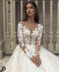 Gorgeous Bateau Long Sleeve Train A-Line Wedding Dress with Lace Appliques