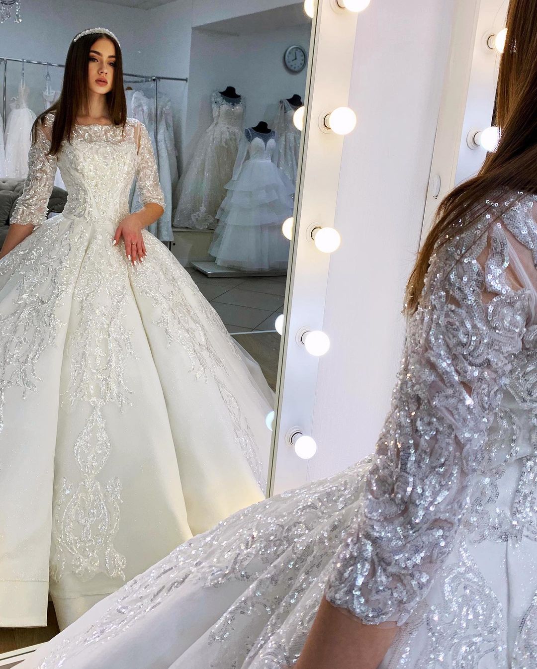 Gorgeous Bateau Satin Floor-length Princess Wedding Dress Long Sleeves With Appliques Lace