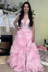 Gorgeous Black Straps Ruffled Long Prom Dress with Appliques