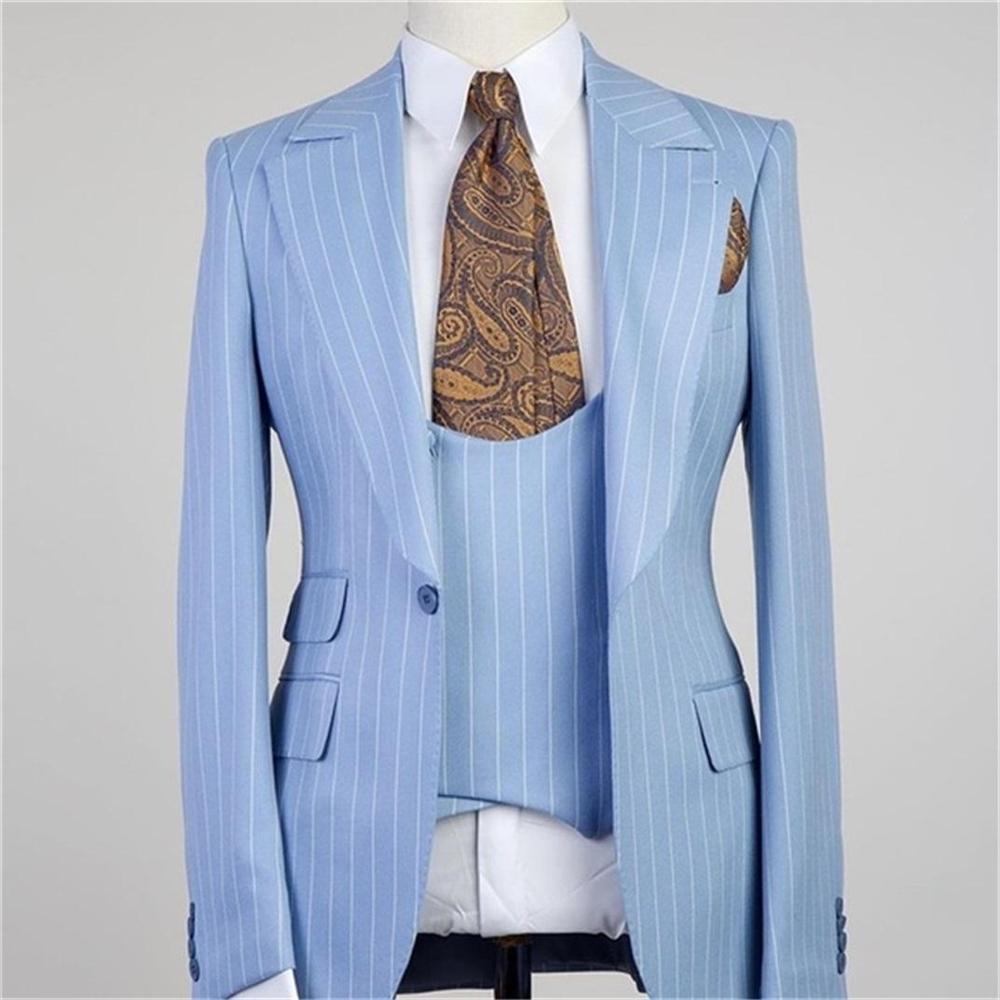 Gorgeous Blue Striped Three-Piece Groomsmen Tuxedo with Peaked Lapel