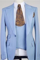 Gorgeous Blue Striped Three-Piece Groomsmen Tuxedo with Peaked Lapel