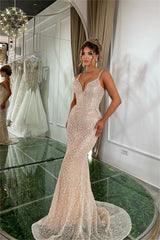Gorgeous Champagne Gold Mermaid Long Prom Dress with Beading