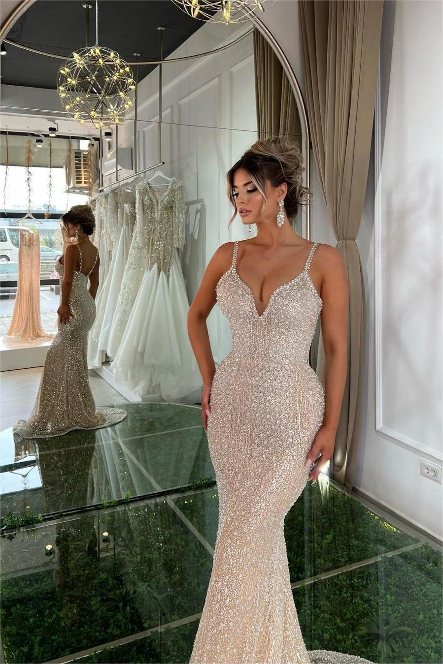 Gorgeous Champagne Gold Mermaid Long Prom Dress with Beading