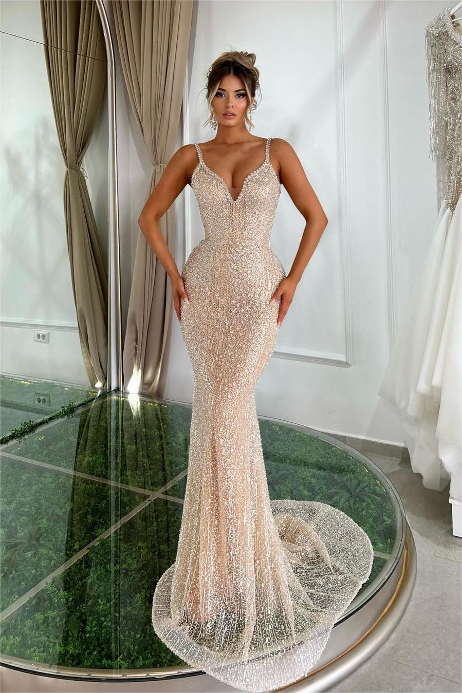 Gorgeous Champagne Gold Mermaid Long Prom Dress with Beading