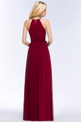 Gorgeous Chiffon Halter Deep V-Neck Burgundy Bridesmaid Dresses Affordable-Babyonlines