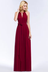 Gorgeous Chiffon Halter Deep V-Neck Burgundy Bridesmaid Dresses Affordable-Babyonlines