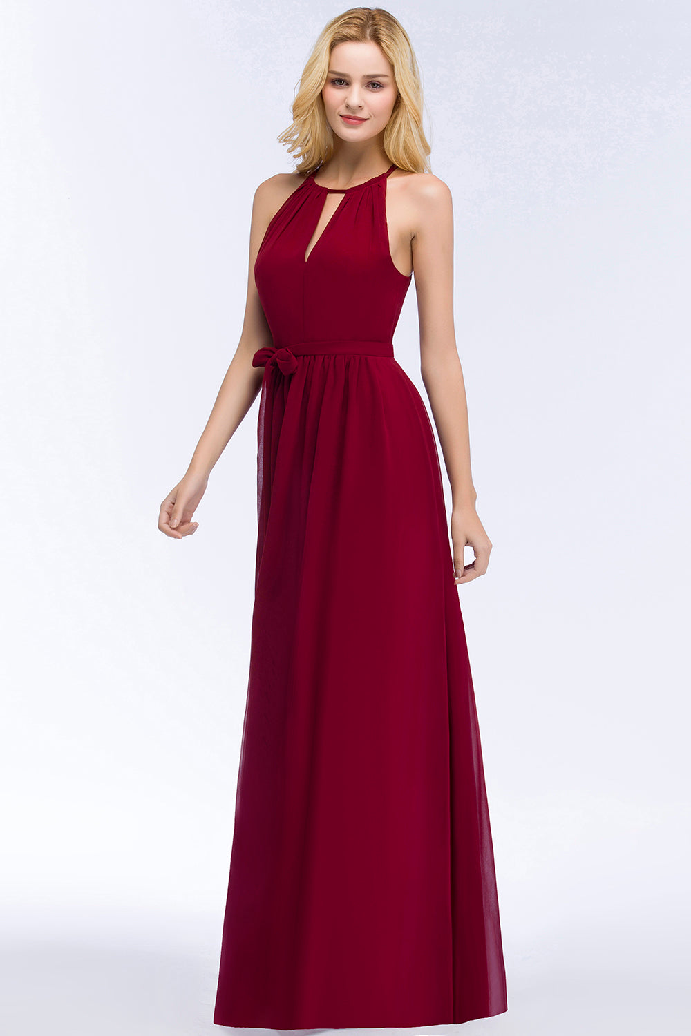 Gorgeous Chiffon Halter Deep V-Neck Burgundy Bridesmaid Dresses Affordable-Babyonlines