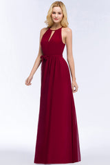 Gorgeous Chiffon Halter Deep V-Neck Burgundy Bridesmaid Dresses Affordable-Babyonlines